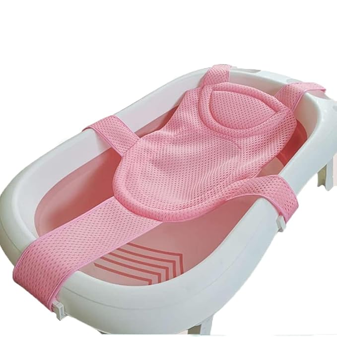 Breathable Mesh Newborn Baby Bath Mat Floating Foam Baby Tub Pillow Adjustable Non-Slip Bath Seat Pad Bath Cushion for Bathtub for 0-18 Months (Style 2-Blue(mesh)) (Pink)