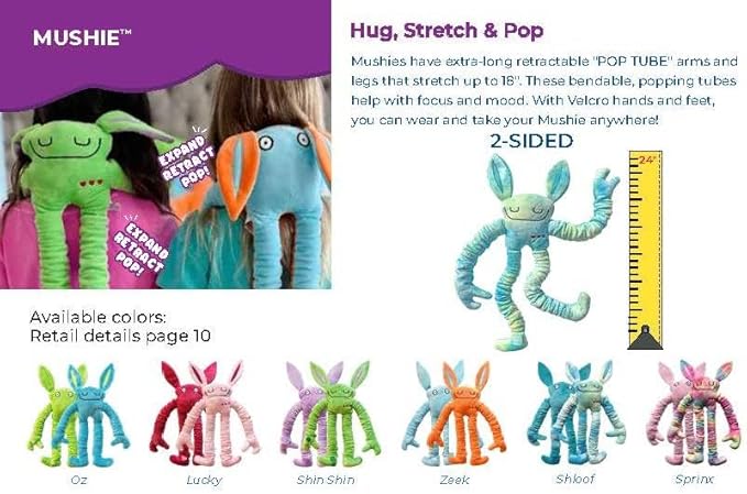Mushies Stretchable Pop Tube Toy – Extra-Long 18" Retractable Arms/Legs, Hook and Loop Hands/Feet – Wearable, Bendable Fidget for Focus, Mood & On-The-Go Fun (Shloof)