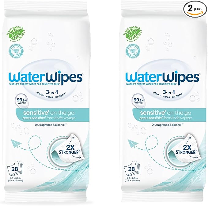 WaterWipes On The Go Wipes, 99.9% Water-Based Wipes for Travel, Sports, and to Refresh Skin, Unscented & Hypoallergenic, 28 Count (2 Pack)