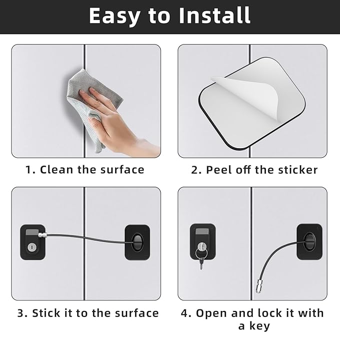 Refrigerator Lock 2 Packs, Fridge Lock with Silicone Wire Protection Fridge Locks for Kids Easy to Use and Install Cabinet Locks with Key, Black