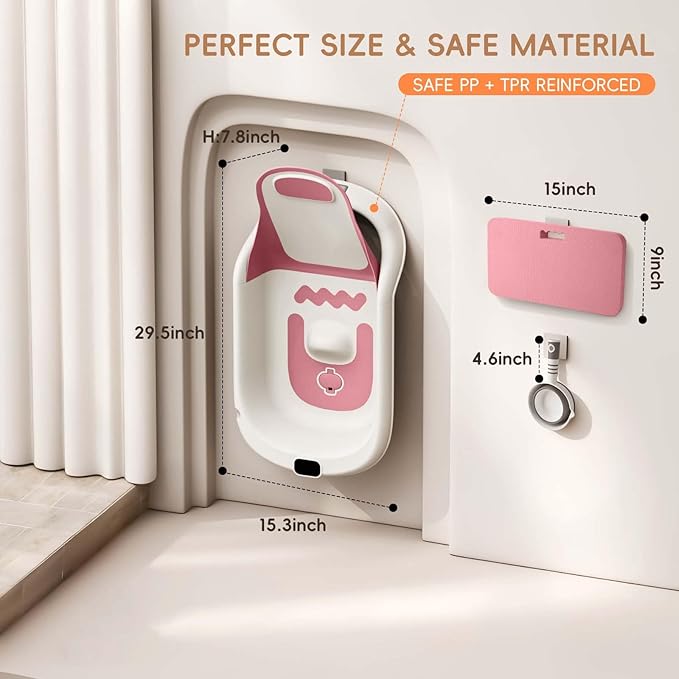 Baby Bathtub for Newborn to Toddler, Reclining Newborn Bathtub, Adjustable Baby Tub with Drain Plug, Bath Kneeler Pad & Clean Rinse Cup, 0-36 Months (Pink)