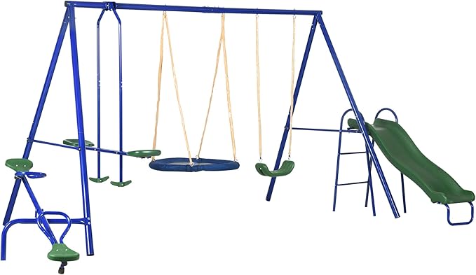 Outsunny Swing Set for Backyard, 5 in 1 Heavy-Duty A-Frame Stand Outdoor Playset for Kids with 29.5" Saucer Swing, Slide, Seesaw, Glider, Swing Seat, Blue