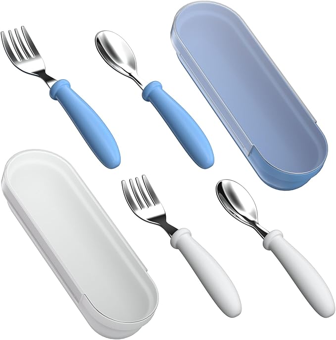 Toddler Utensils, Toddler Forks and Spoons, Baby Stainless Steel Silverware Set with Storage Box for Self Feeding Safe, Dishwasher Safe (2 Set with Case)
