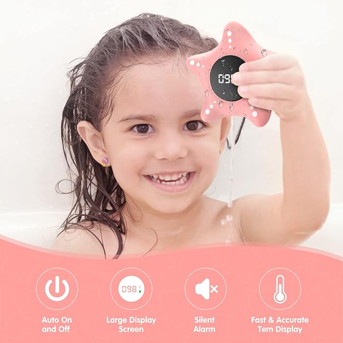 Baby Bath Thermometer Safety, Auto On & Off Bathtub Thermometer Floating Toy, Digital Bathing Water Temperature Warning, Pink Sea Star Shape
