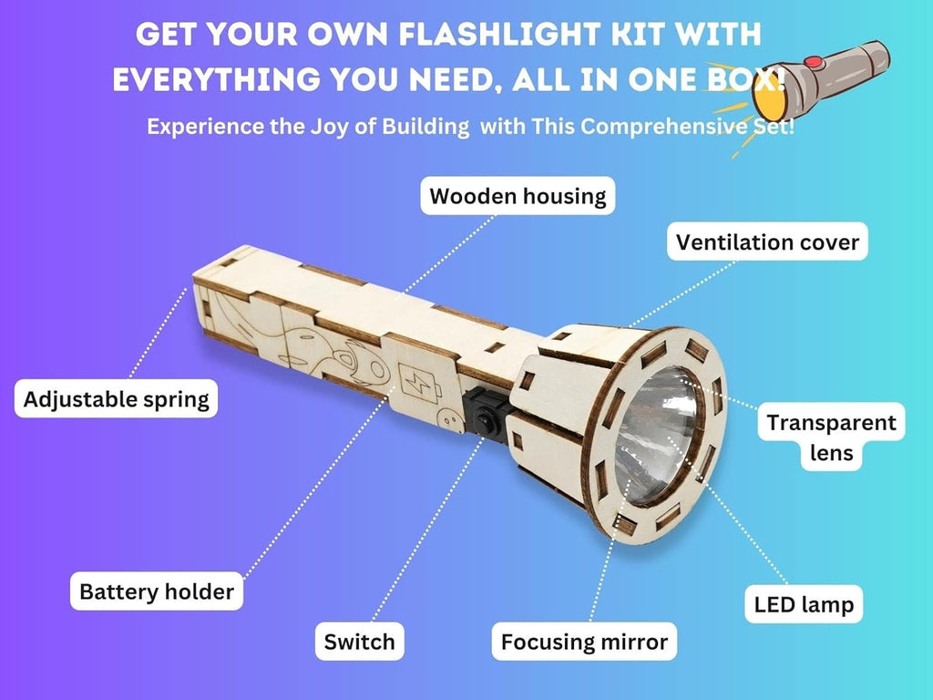 DIY Wooden Flashlight STEM Kit for Kids Aged 6-10 | Battery-Operated Educational Science Experiment Kit with Built-in Switch