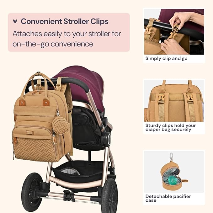 BabbleRoo Diaper Bag Backpack - Baby Essentials Travel Tote - Multi function Waterproof Diaper Bag, Travel Essentials Baby Bag with Changing Pad, Stroller Straps & Pacifier Case - Unisex, Beige