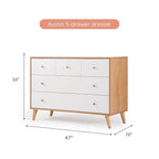 dadada Austin 5-Drawer Dresser for Nursery and Bedroom - Modern Design, Large Storage, Baby-Safe Finish, Anti-Tip Safety, Solid Wood Feet, Durable Construction (White+Natural)