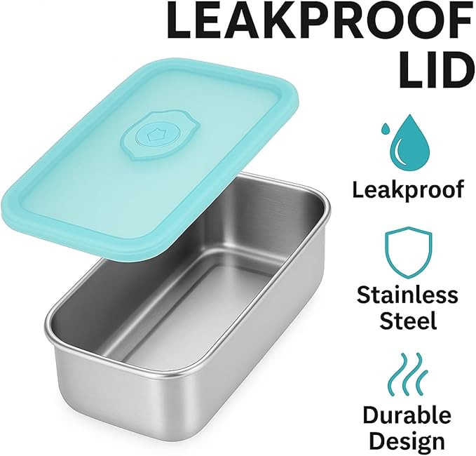 2 Pack Stainless Steel Snack Containers – Leakproof Reusable Bento Boxes with Lids for Food Storage, Travel, Work, Outdoor (Clear Lid/Silver Base, 1 Compartment)