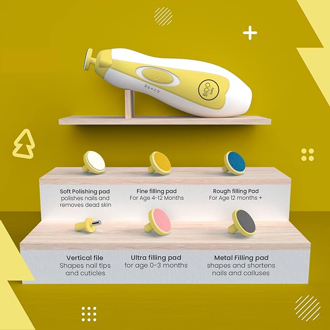 BİDO Baby Nail Trimmer File Electric-Safe Baby Nail Clippers,Manicure Kit for Newborn Toddler and Kids,6 Grinding Heads and LED Light, Pink or Blue (Yellow)