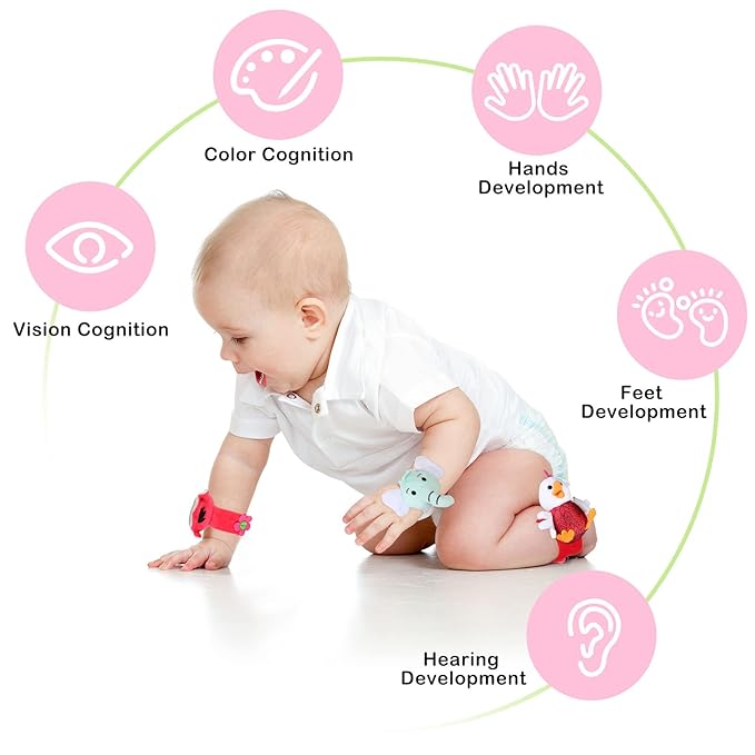 4 Pieces Baby Wrist Rattles Animal Pattern Newborn Foot Rattles Toy for 0-12 Months Babies Boy Girl Infant Birthday Gifts Educational Toys, 4 Designs (Sheep, Dog, Chick, Monkey)