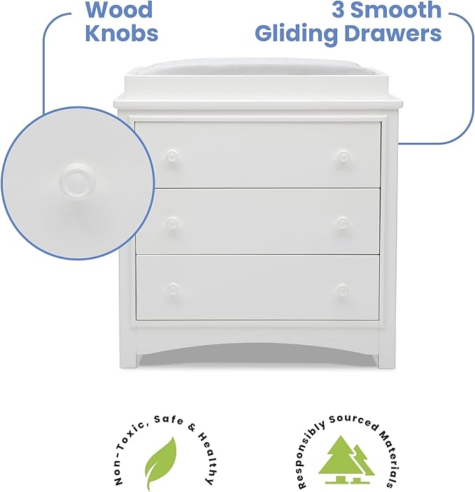 Delta Children Perry 3 Drawer Dresser with Changing Top and Interlocking Drawers, Bianca White