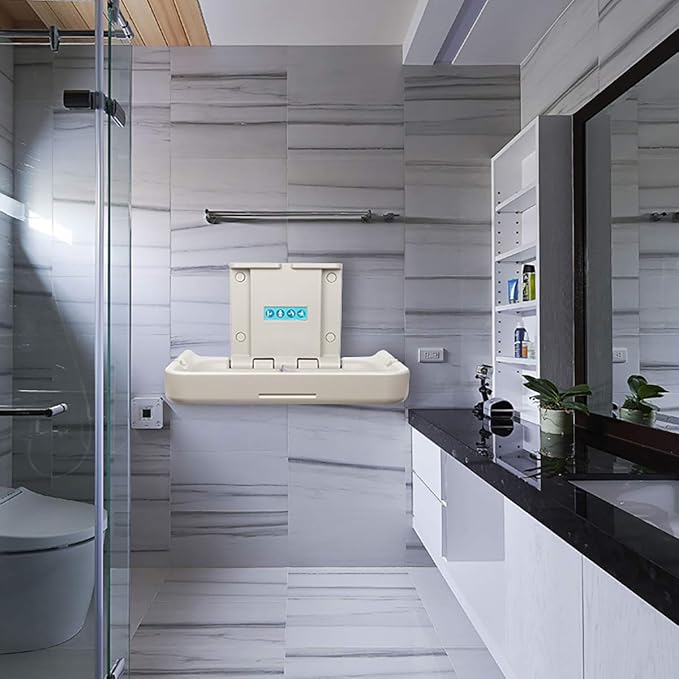 Fold-Down Baby Changing Station Wall-Mount - Modundry Horizontal Baby Change Table with Safety Straps for Commercial Restrooms (White Granite)