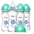 YOHKOH Natural Glass Baby Bottle with Natural Response Nipple, Newborn Anti-Colic Baby Bottles, Wide Neck Mushroom Cap Baby Bottle, Clear (Blue, (8.8oz (Pack of 4))