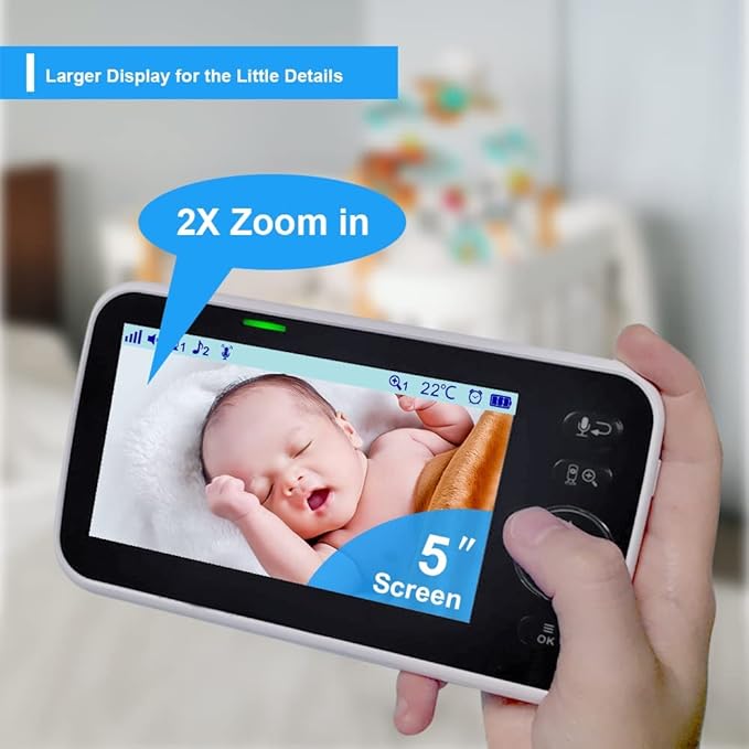 HelloBaby 5" Screen Baby Monitor with 3 Cameras - No WiFi HB6550 Video Baby Monitor, 1000ft Long Range, ECO, 26 Hour Battery, Pan-Tilt-Zoom Night Vision, Temperature Sensor & 2-Way Audio, 8 Lullabies