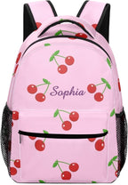 Cherry on Pink Custom Kids Backpack 16.5 Inch for Boy Girl, Personalized Waterproof Child School Travel Bag with Name