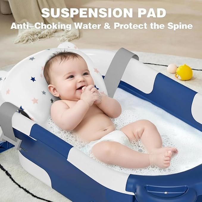 TPN Collapsible Baby Bathtub, Baby Bath Tub with Soft Cushion & Real-Time Thermometer, Baby Bathtub Infant to Toddler Tub (0-36 Months), Portable Travel Baby Tubs for Newborns (Navy Blue)