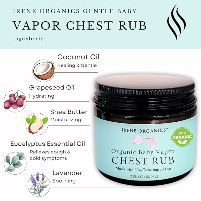 Irene Organics Organic Baby Vapor Chest Rub Clean Vapo Rub Made with Non Toxic Ingredients, Organic Cough & Congestion Relief Balm, Safe Natural Eucalyptus & Lavender Rub for Newborns & Kids