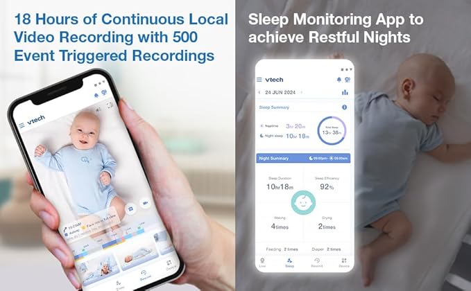 VTech V-Care VC2105 1080p FHD Over-The Crib Mount Smart Baby Monitor 5” 720p LCD Screen,Table Stand,Remote Access,Versatile Placement,Intelligence Detection, Sleep Analysis,18hrs Recording,with WiFi