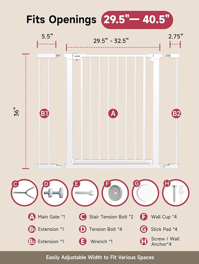 36" Extra Tall Baby Gate for Stairs, 29.5-40.5" Wide Dog Gate for Doorways, Walk Thru Auto Close Metal Pet Gate for The House, Stairs and Doorways, Child Gate Pressure Mounted Dog Gate Indoor