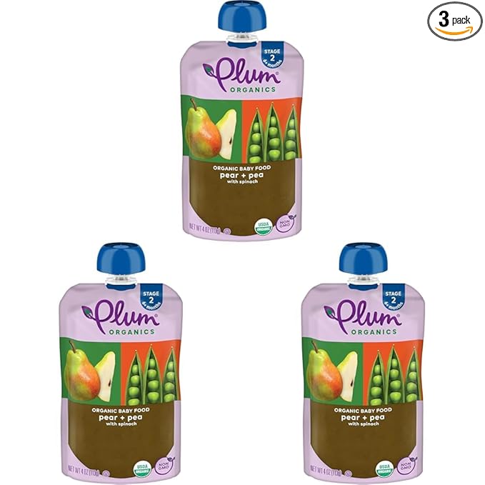 Plum Organics Stage 2 Organic Baby Food - Pear + Pea with Spinach - 4 oz Pouch - Organic Fruit and Vegetable Baby Food Pouch (Pack of 3)