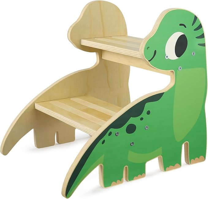 Toddler Step Stool, 2-Step Wooden Step Stool for Toddlers with Non-Slip Base, Cute Printed Design Potty Training Stool for Bathroom Sink, Kitchen & Bedroom (Dinosaur)