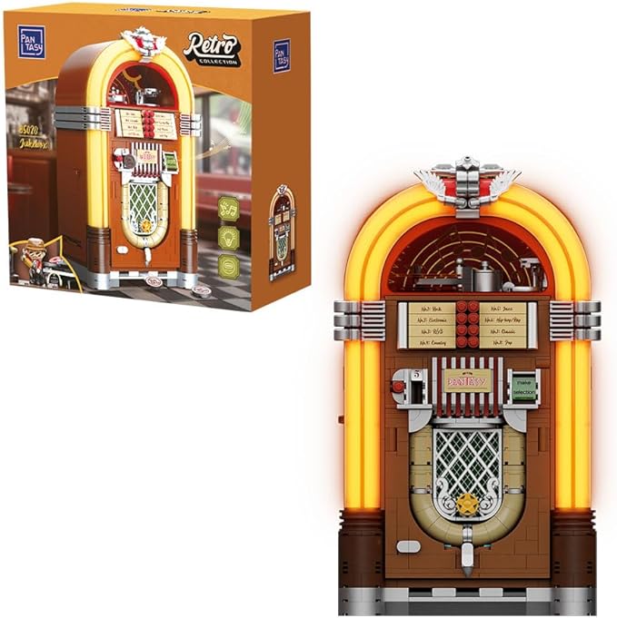 PANTASY Retro Jukebox Building Kit with Coin & Sound Function, Mechanical Music Box Model with Acrylic Records, Recording Studio & Minifigure, Collectible Construction Toy Gift for Adults and Teens