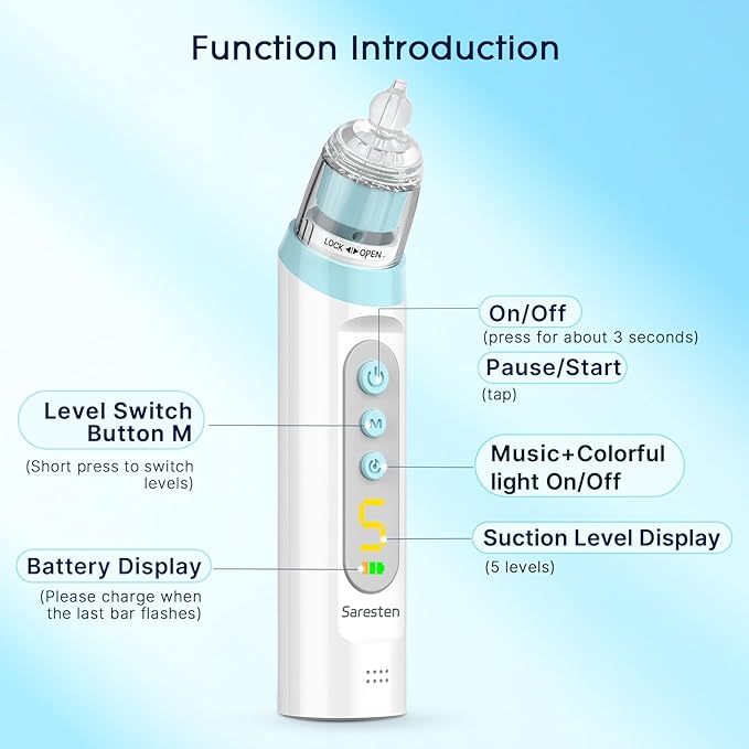 Nasal Aspirator for Baby,Rechargeable Nose Sucker for Baby,Baby Nasal Aspirator with 3 Silicone Tips,Adjustable Suction ,Waterproof Booger Sucker for Baby with Music and Light Function,Blue