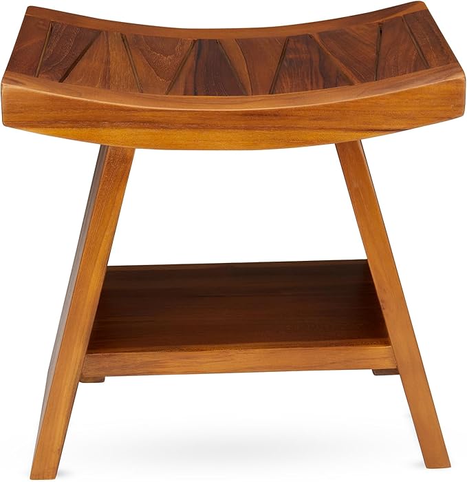 TeakCraft Teak Shower Stool with Shelf – Water Resistant, Non-Slip Premium Indonesian Teak Wood Bath Seat Bench for Shower – Fully Assembled Wood Spa Bath Organizer Seat with Leveling Feet, The Randi