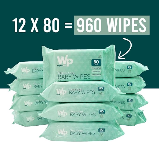 Baby Wipes, Hypoallergenic Ultra Soft Wipes for Sensitive Skin, Unscented, Alcohol Free, 12 Packs of 80 Wipes