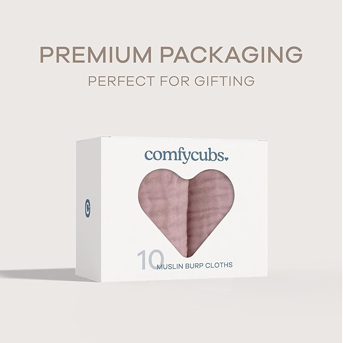 Comfy Cubs Muslin Burp Cloths 20" x 10", Pack of 10 - Large, 6-Layer, Ultra Absorbent 100% Cotton for Baby Drool and Messes - Soft, Safe & Gentle Baby Burp Cloths for Boys & Girls - Mauve