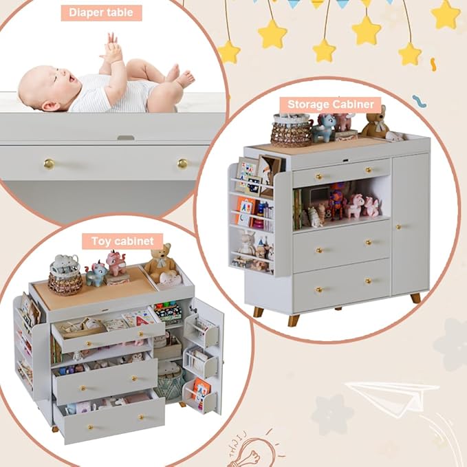 Nursery Dresser with Baby Changing Table, Modern Diaper Changing Station,Dresser for Nursery with 3 Drawers & Shelves, Storage Crib with Changing Table, White