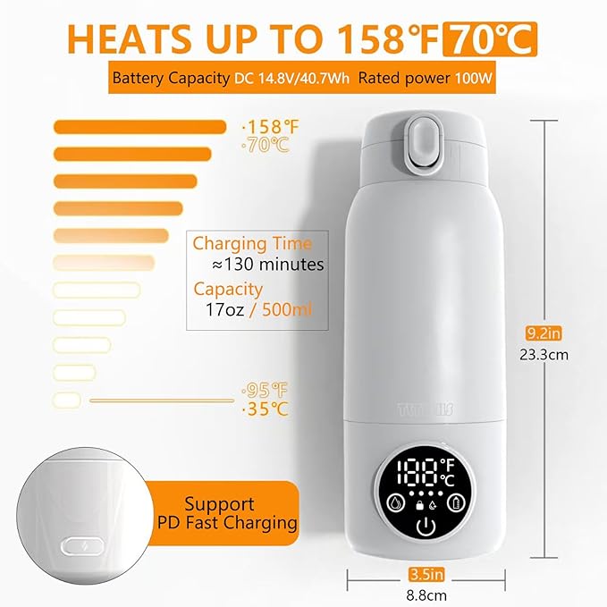 Portable Bottle Warmer & Travel Bottle Warmer - 17oz Large Capacity Fast Heating for Breastmilk/Formula, Dual Mode for Milk/Water, Perfect for Car Journeys & Outdoor Use