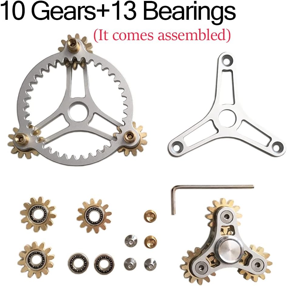 Pure Brass Fidget Spinner Gears Linkage Fidget Toy Metal DIY Hand Spinner Spins Long Time EDC Focus Meditation Break Bad Habits ADHD with Multiple Premium Bearings (13 Bearings White)