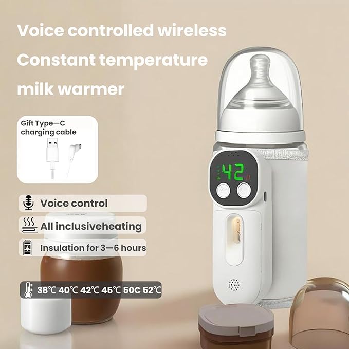 Portable Bottle Warmer for Travel, Warm for 6-10 Hours, Baby Bottle Warmer with Sound Voice Control, Travel Bottle Warmer for Breastmilk