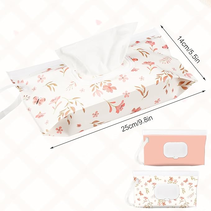 FEBSNOW 2 Pack Baby Wipes Dispenser Holder, Portable Refillable Baby Wet Wipes Pouch Container Reusable Travel Case for Outdoor Hiking, Pink Flower