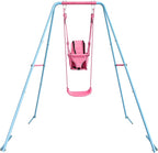 2-in-1 Toddler Swing Set with Metal Stand, Safety Belt & 4 Anchors - A-Frame Swing for Kids 6 Months+ (Pink, Indoor/Outdoor Backyard Playground)