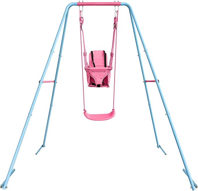 2-in-1 Toddler Swing Set with Metal Stand, Safety Belt & 4 Anchors - A-Frame Swing for Kids 6 Months+ (Pink, Indoor/Outdoor Backyard Playground)