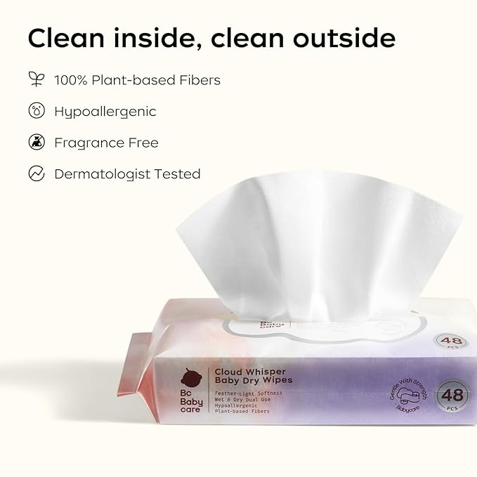Bc Babycare Dry Wipes, Plant-based Fibers, Wet and Dry Multi-Use Facial Cloth and Baby Wipe, Hypoallergenic and Gentle on Skin, 48 Count, 4 Packs