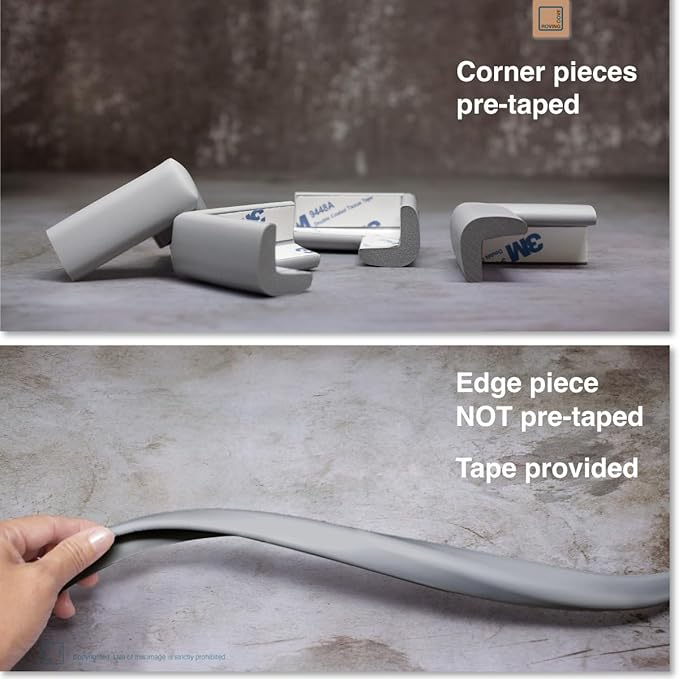 Roving Cove Slimfit Corner Edge Protector for Baby Proofing (Small 18ft Edges 8 Corners), Furniture Safety Bumper Guard, Soft NBR Rubber Foam, 3M Adhesive, Stone Grey