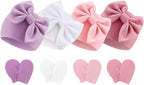BQUBO Newborn Baby Hats Mittens Set Hospital Hat Beanie Infant Bow Hats Baby Gloves No Scratch Mittens for 0-6 Months