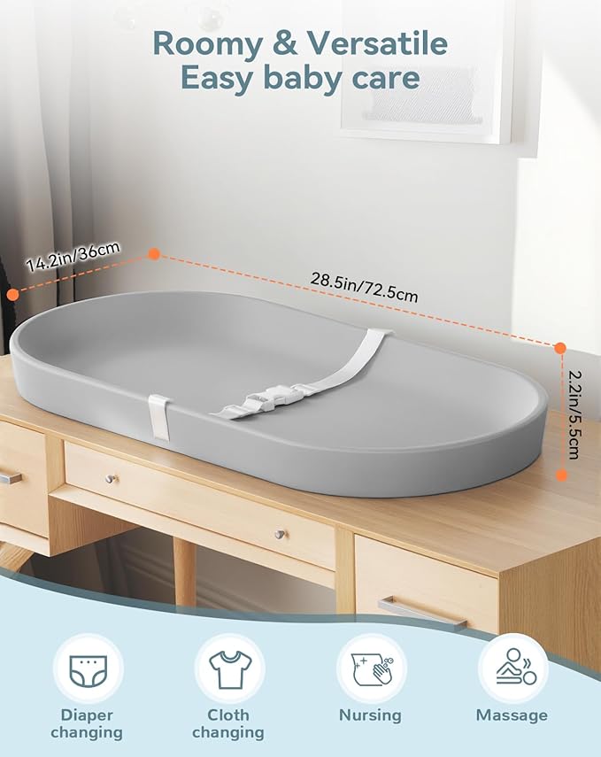 COMOMY Baby Changing Pad for Dresser - Wipeable Changing Pad with Restraining Belt, Waterproof, Soft, Lightweight and Portable, Easy to Clean for On The Go Diaper Change, Light Grey