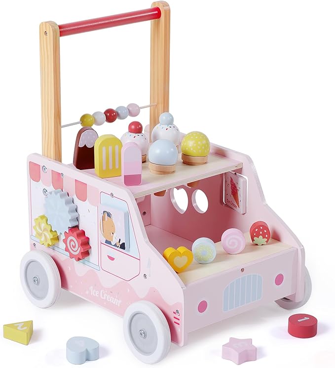 labebe Wooden Baby Walker, Push Activity Walker for Kids 12M+, Multifunctional Ice Cream Cart Activity, Adjustable Speed Learning Walking with Wheels, Birthday Gift for Girls Boys Ages 1-3 (Pink)