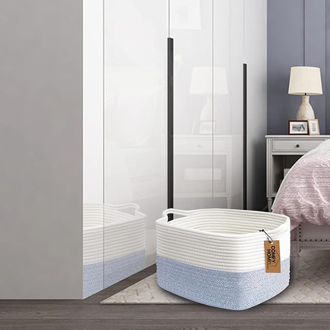 COMFY-HOMI Cotton Rope Woven Basket with Handles for shelf，Toy, Book, Cloth Storage Basket for Organizing-13.5"X11"X9.5" Storage Bin for Living Room, Newborn or Infant Gift for boy girl （White/blue）