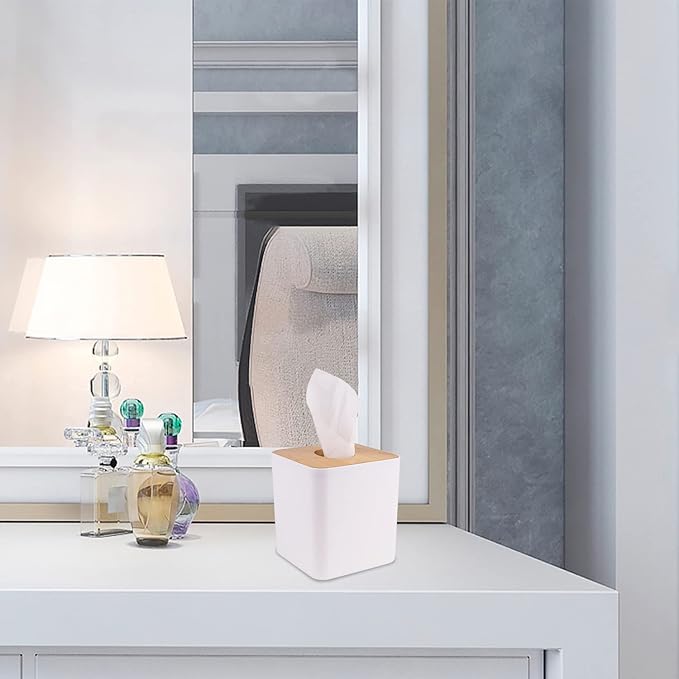 MOCHTERO Tissue Box Cover,Tissue Holders,Tissue Box Holder for Bathrooms,Bamboo Cover Plate,Home and Office,5 * 5 * 5.4in (White)