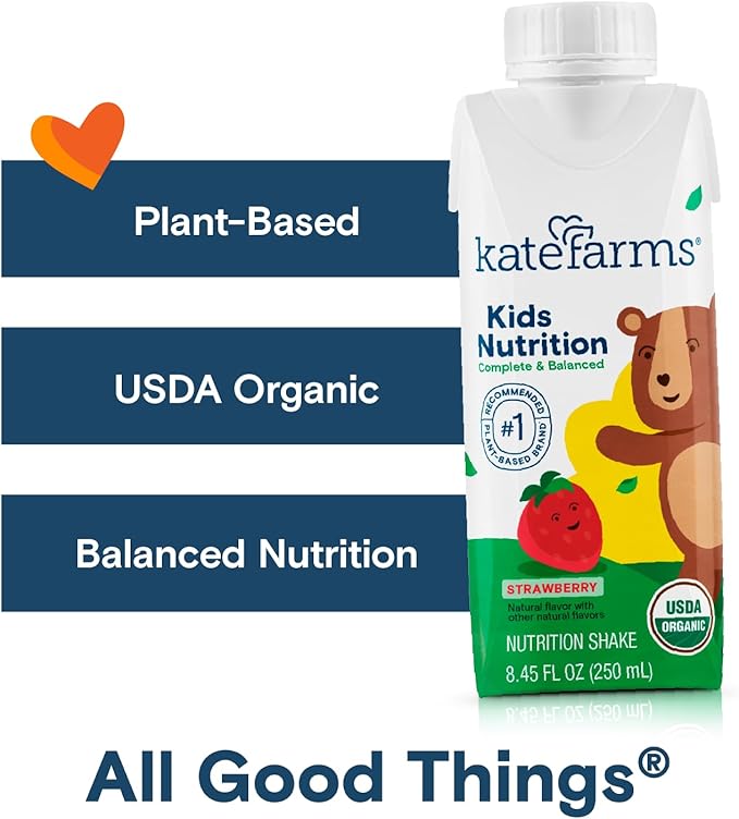 KATE FARMS Organic Kids Nutrition Strawberry Shake, 8g Protein, 27 Vitamins and Minerals, Meal Replacement, Gluten Free, Non-GMO, 8.45 oz (6 Pack)