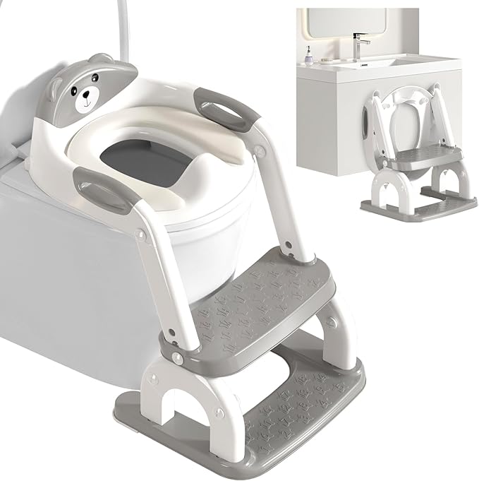 Potty Training Seat with Step Stool for Toddlers - Upgrade 2-in-1 Toilet Seat Toilet Ladder for Kids Children Boys Girls, Anti-Slip Pad & Adjustable Height with Waterproof - Grey