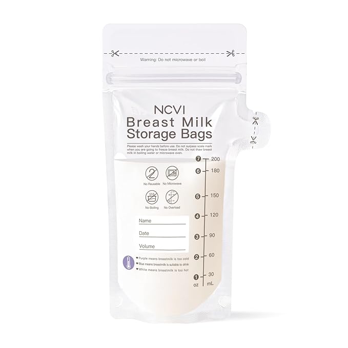 NCVI 25 Count Breastmilk Storage Bags Freezer for Baby, Breast Milk Feeding Bag with Temp-Sensing, Doubled-Sealed, Self Standing, Easy Pour Spout, BPA-Free, 7oz