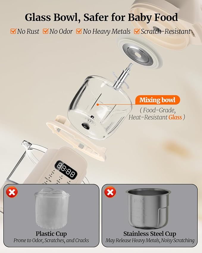 Baby Food Maker, 9 in 1 Glass Baby Food Processor Steamer Puree Blender with 6 Blades, One Step Cook Grinding, Touch Screen Control, Multifunctional Blender with 24h Timer, Dishwasher Safe