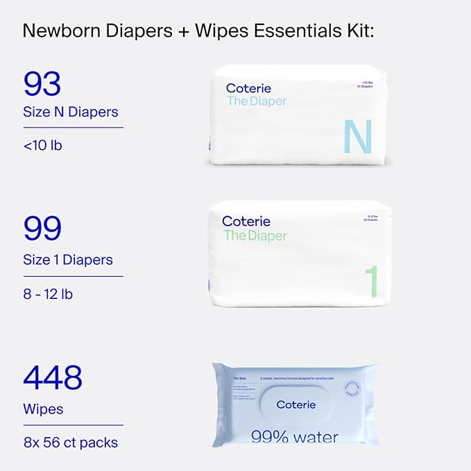 Coterie Baby Wipes + Diapers Kit, Size 1 (99 Count) & Size Newborn Diapers (93 Count), 8 Pack (448) Baby Wipes with 99% Water, Plant Based Materials, Hypoallergenic for Sensitive Skin