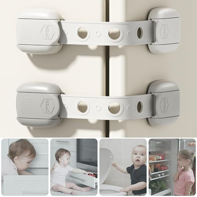Child Safety Strap Locks (10 Pack) Baby Locks for Cabinets and Drawers, Toilet, Fridge & More. Adhesive Pads. Easy Installation, No Drilling Required, White/Gray (White, 10 pcs (Pack of 1))
